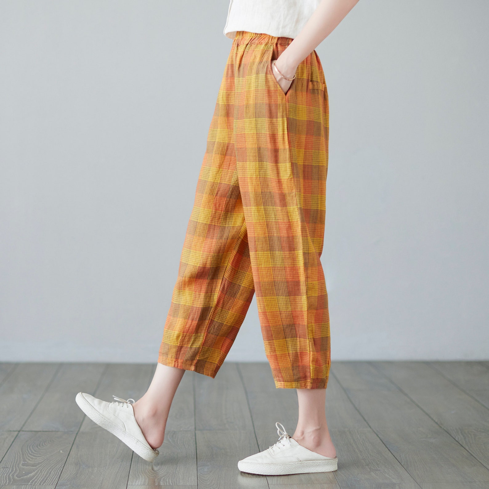 Yellow Plaid Pants Tapered Linen Pants Elastic Waist Pants Etsy UK