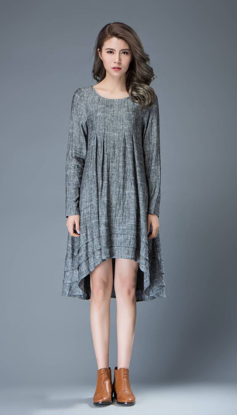 Marl Gray Lagenlook Dress Linen Loose-Fitting Long-Sleeved | Etsy