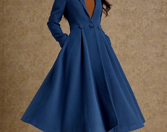 Womens Blue Retro Wool coat, Long Wool Princess Coat, Swing wool Coat,  Winter Coat women, Custom Warm wool Coat with pocket, Ylistyle C4478