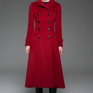 Classic Red Coat Wool Long Full Length Fitted Slim Tailored Double-Breasted Woman's Coat with Black Buttons & Double Lapels C741 image 7