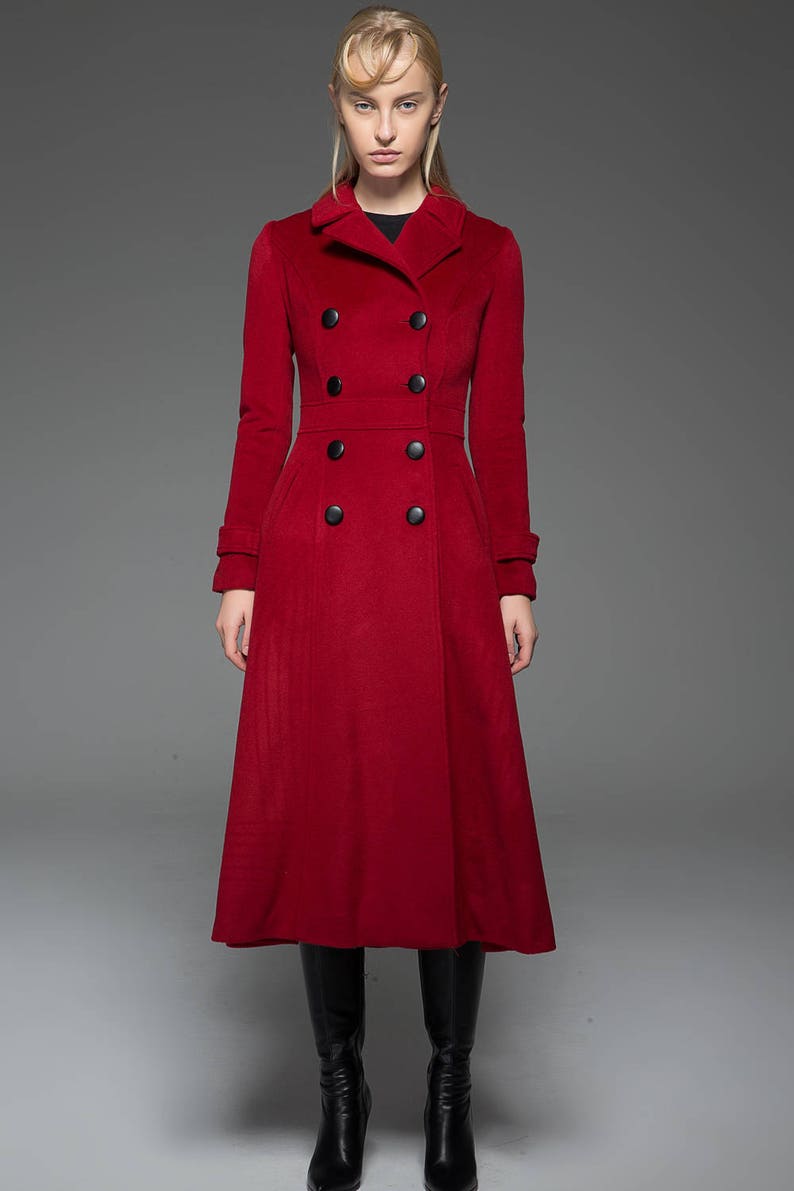 Classic Red Coat Wool Long Full Length Fitted Slim Tailored Double-Breasted Woman's Coat with Black Buttons & Double Lapels C741 image 7