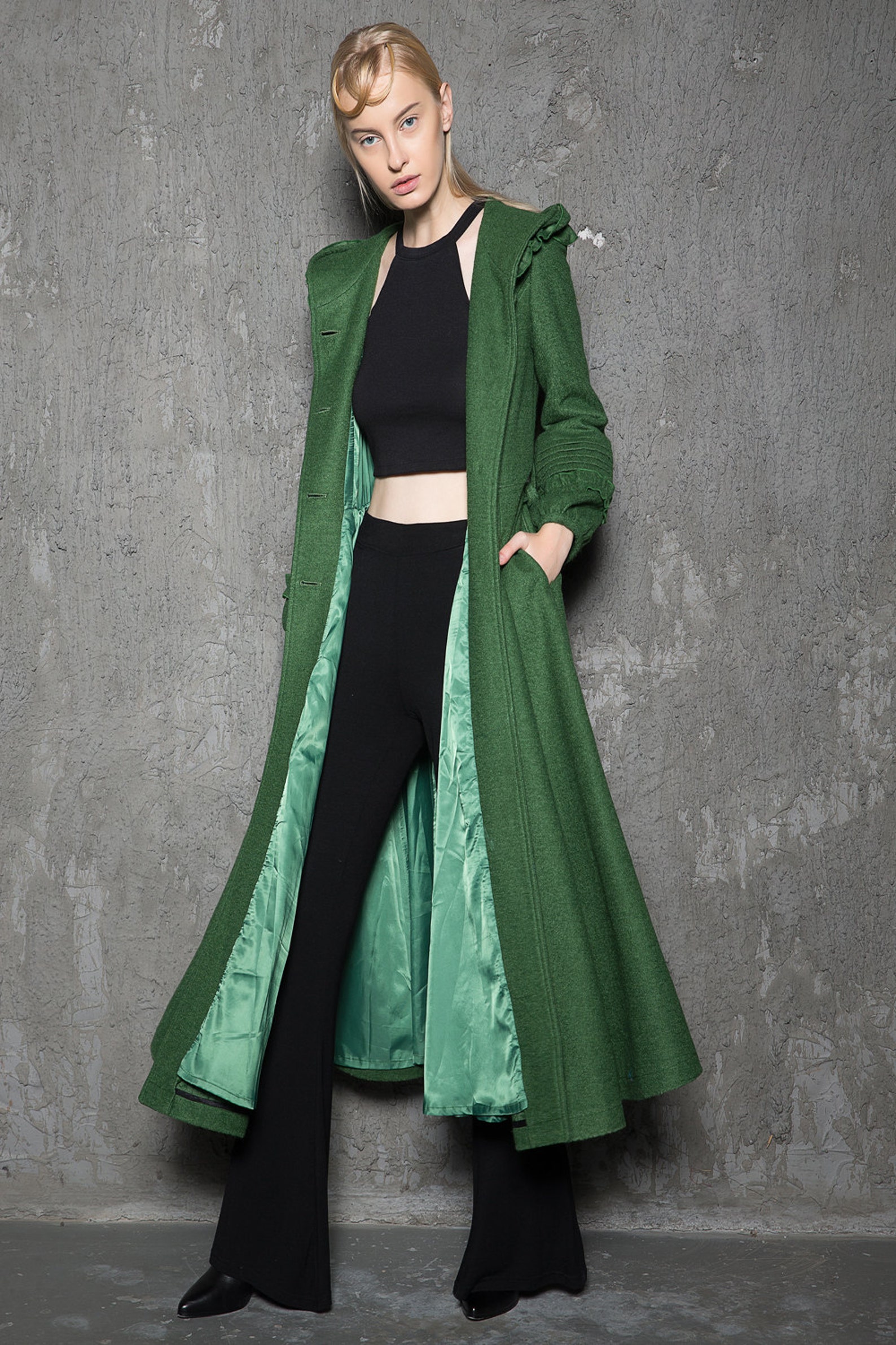 Emerald Green Midi Hooded Wool Coat Long Hooded Coat Fit and Etsy