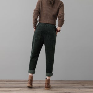 Green Corduroy Pants Women, High Waisted Pants, Loose Fit Corduroy Slacks, Elastic Waist Pants with Pocket, Plus Size Pants Ylistyle C2555 image 5