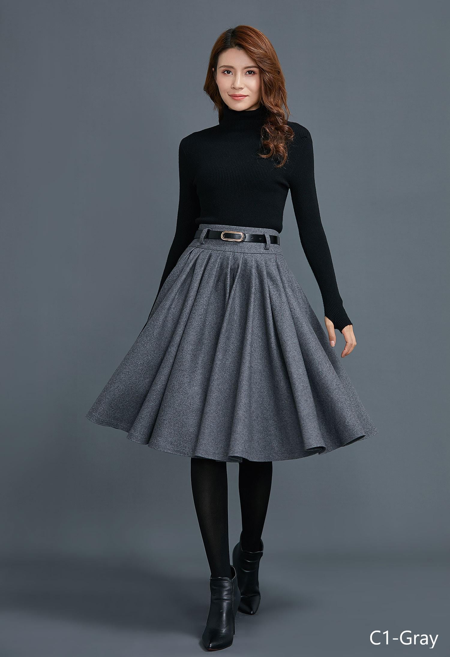 Knee Length Circle Wool Skirt for Women, Pleated Winter Skirt