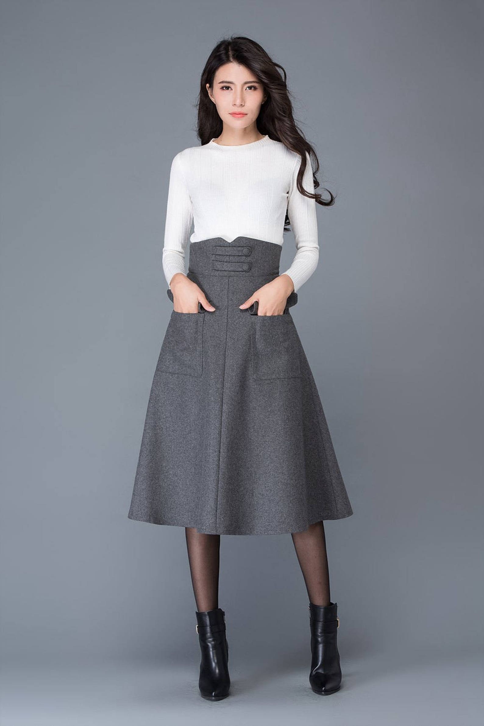 High waisted Wool skirt In gray Midi skirt winter skirts | Etsy