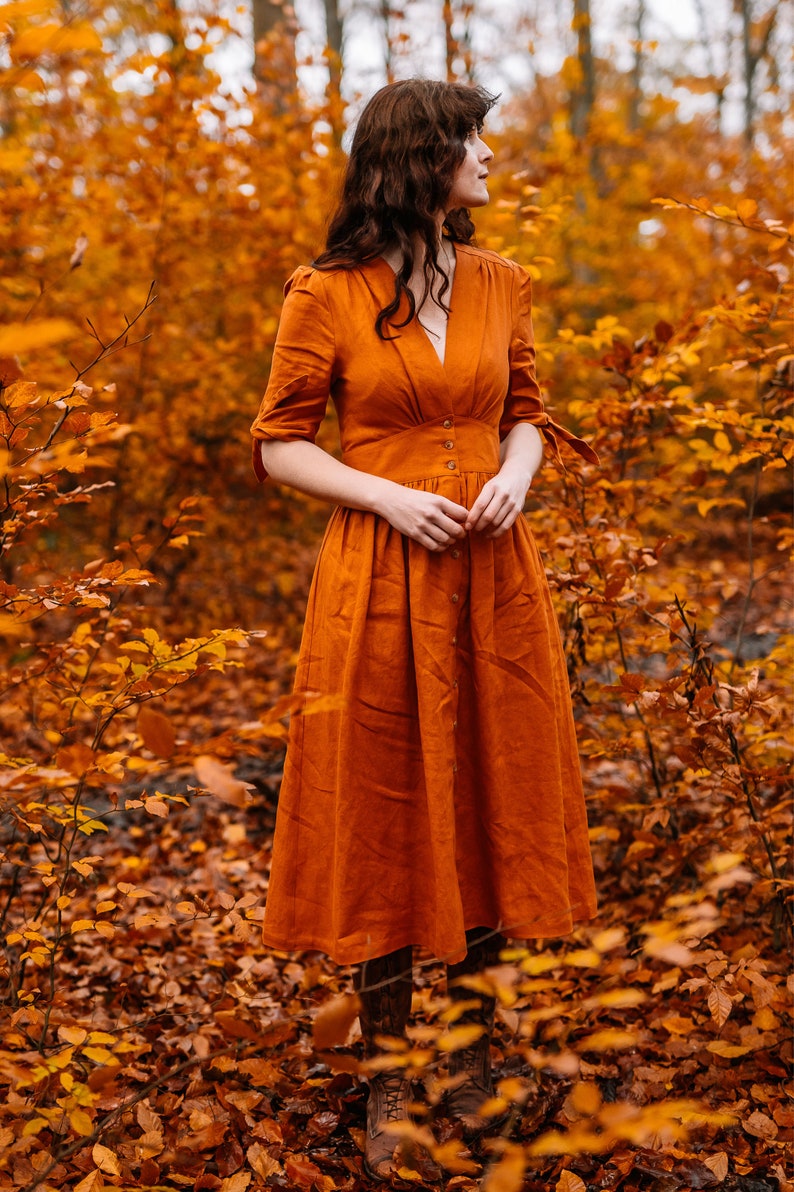 Linen Dress, Deep V neck Linen party Dress, Linen midi dress, button front dress, Womens Linen dress, Customized Linen dress, Ylistyle C2914 4-Orange