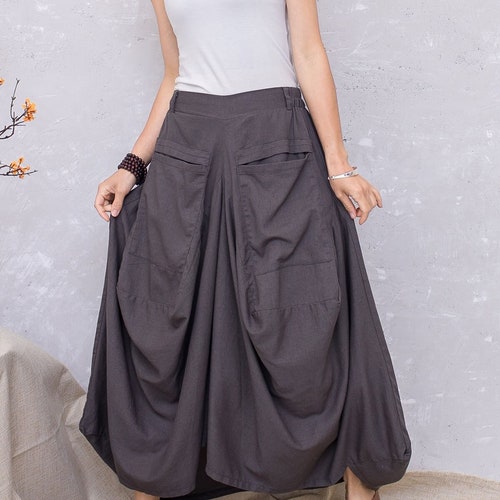 jupe d'été en lin gris foncé avec poches, jupe lanterne décontractée, jupe longue grande taille pour femme, jupe longue plissée, ylistyle C2803