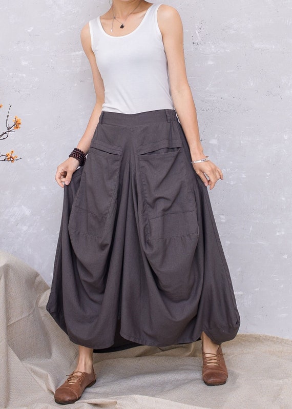 Summer Dark Gray Linen Skirt With Pockets, Casual Lantern Skirt, Plus Size  Maxi Skirt for Women, Long Pleated Skirt, Ylistyle C2803 