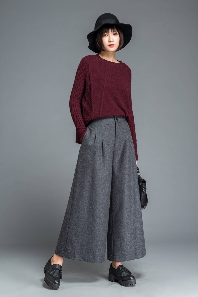 Wide Leg wool palazzo pants, High waist skirts pants, winter women pants, gray wool pants, Long pants, women's trousers Ylistyle C1207 image 1