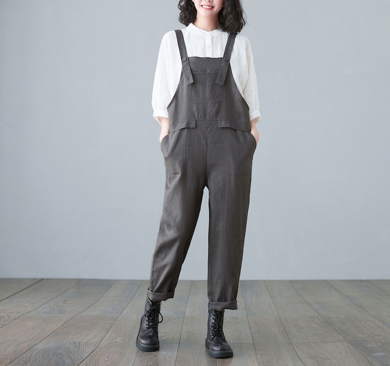 Summer green linen jumpsuit women, Casual Linen dungarees, Linen overalls, cropped leg plus size romper harem jumpsuit with pockets C1697 image 9