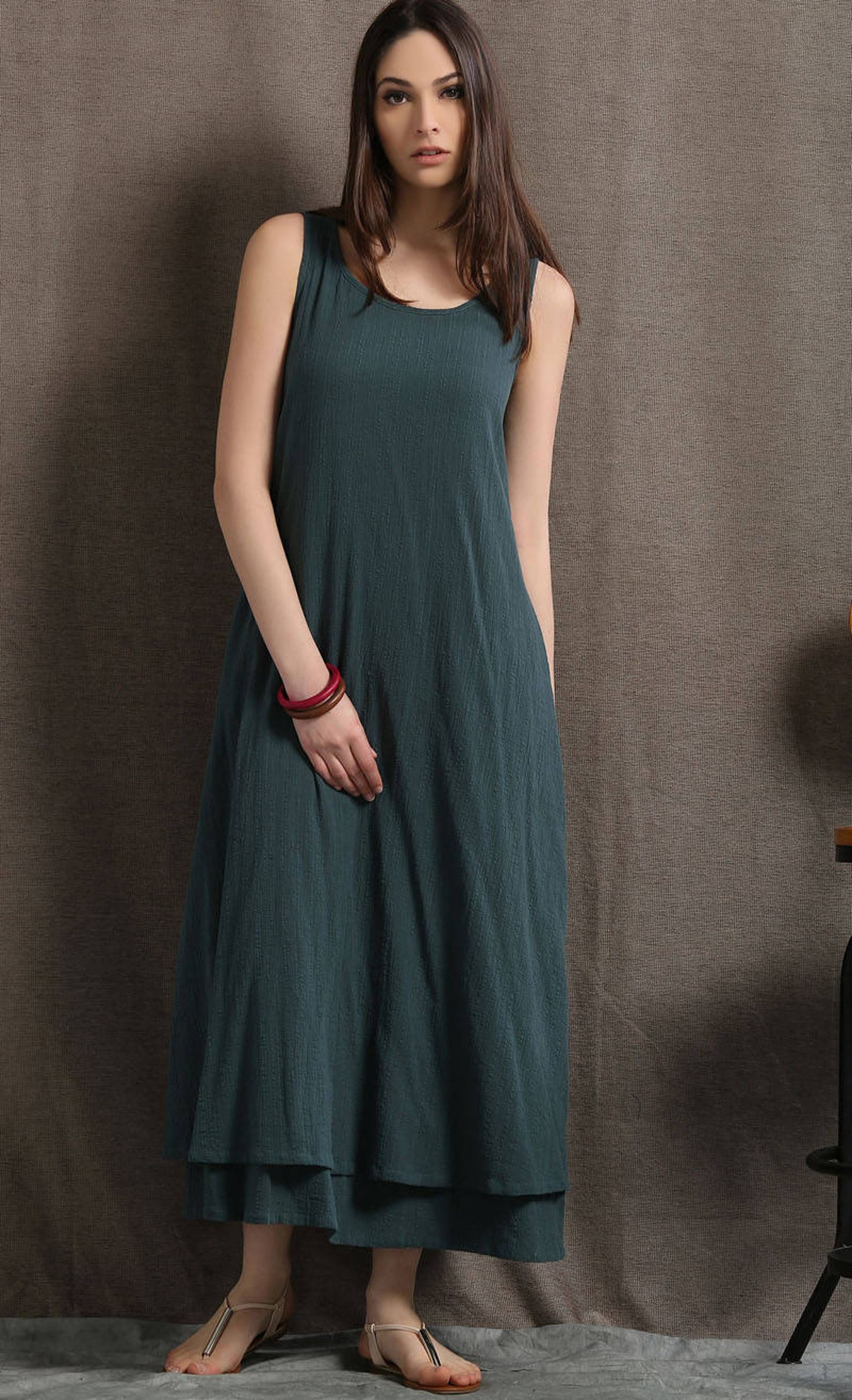 Layered Linen Maxi Dress Long Sage Green Casual Everyday | Etsy