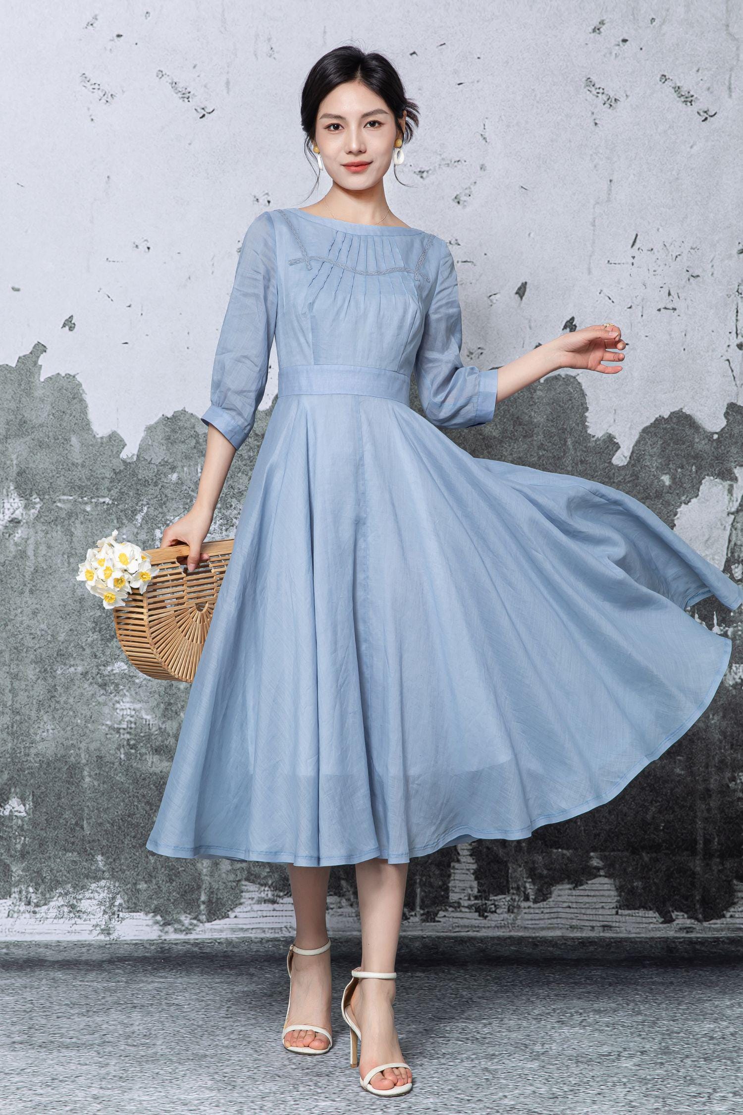 Blue Linen Midi Dress: Pleated Neckline Swing Dress