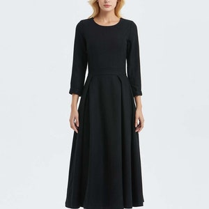 Wool Dress, Womens Long wool dress, Classic Long Fitted Tailored Warm Winter Dress with Long Sleeves Round Neck & Black Leather Cuffs C780 C2-Black-C1335