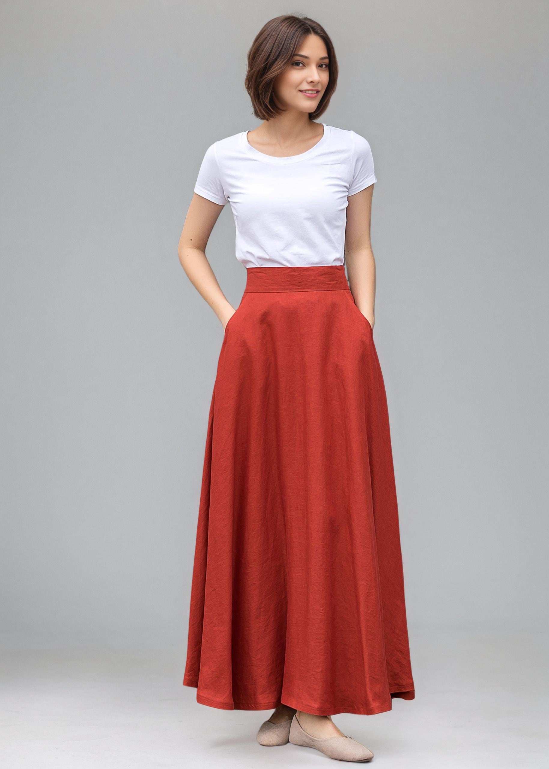 スカート L'Appartement Linen Canvas Long Skirt 38 Green Linen Skirt With Pockets, Long Linen Maxi Skirt, High