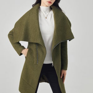 Asymmetrical Wool Coat, winter coat women, Gray Wool Boucle Coat with Front Zipper and Large Cowl Neck Collar, Autumn Winter Outerwear C134 army green