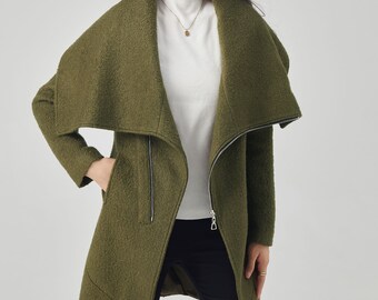 Asymmetrical Wool Coat, Winter Coat Women, Gray Wool Boucle
