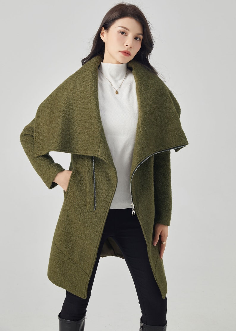 Asymmetrical Wool Coat, winter coat women, Gray Wool Boucle Coat with Front Zipper and Large Cowl Neck Collar, Autumn Winter Outerwear C134 army green