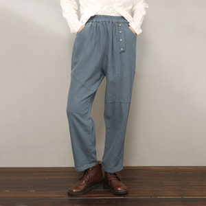 High-Waisted Linen Lounge Pants in Blue, Plus size Women Workwear Pants, Casual Long Linen Pants, Summer Linen Pants, Ylistyle c1969
