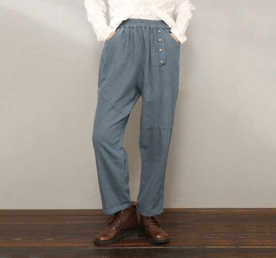 High-Waisted Linen Lounge Pants in Blue, Plus size Women Workwear Pants, Casual Long Linen Pants, Summer Linen Pants, Ylistyle c1969