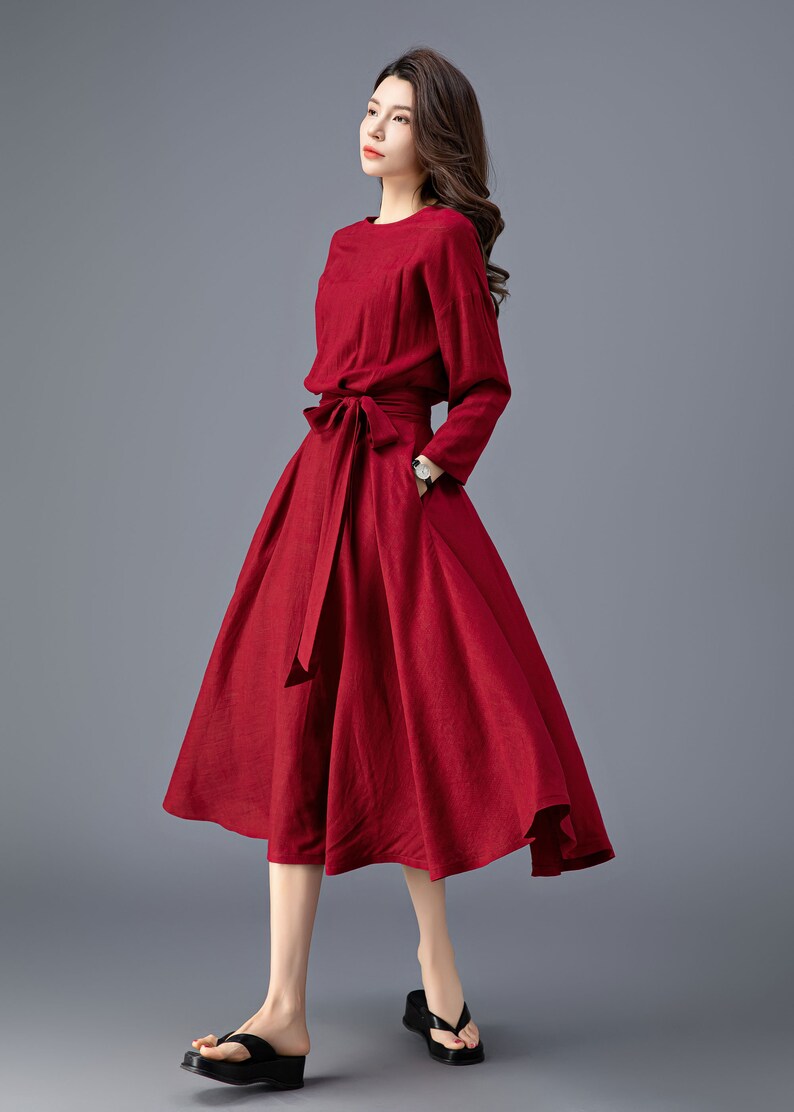 Linen Dress, Linen Midi dress, Belted Dress, Dress with Pockets, Womens Linen Dress, Spring Linen Dress, Casual Linen Dress, Ylistyle C3909 image 7