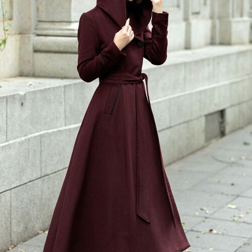 burgundy dress coat womens Handmade Burgundy Wool Coat Vintage Winter Princess Overcoat