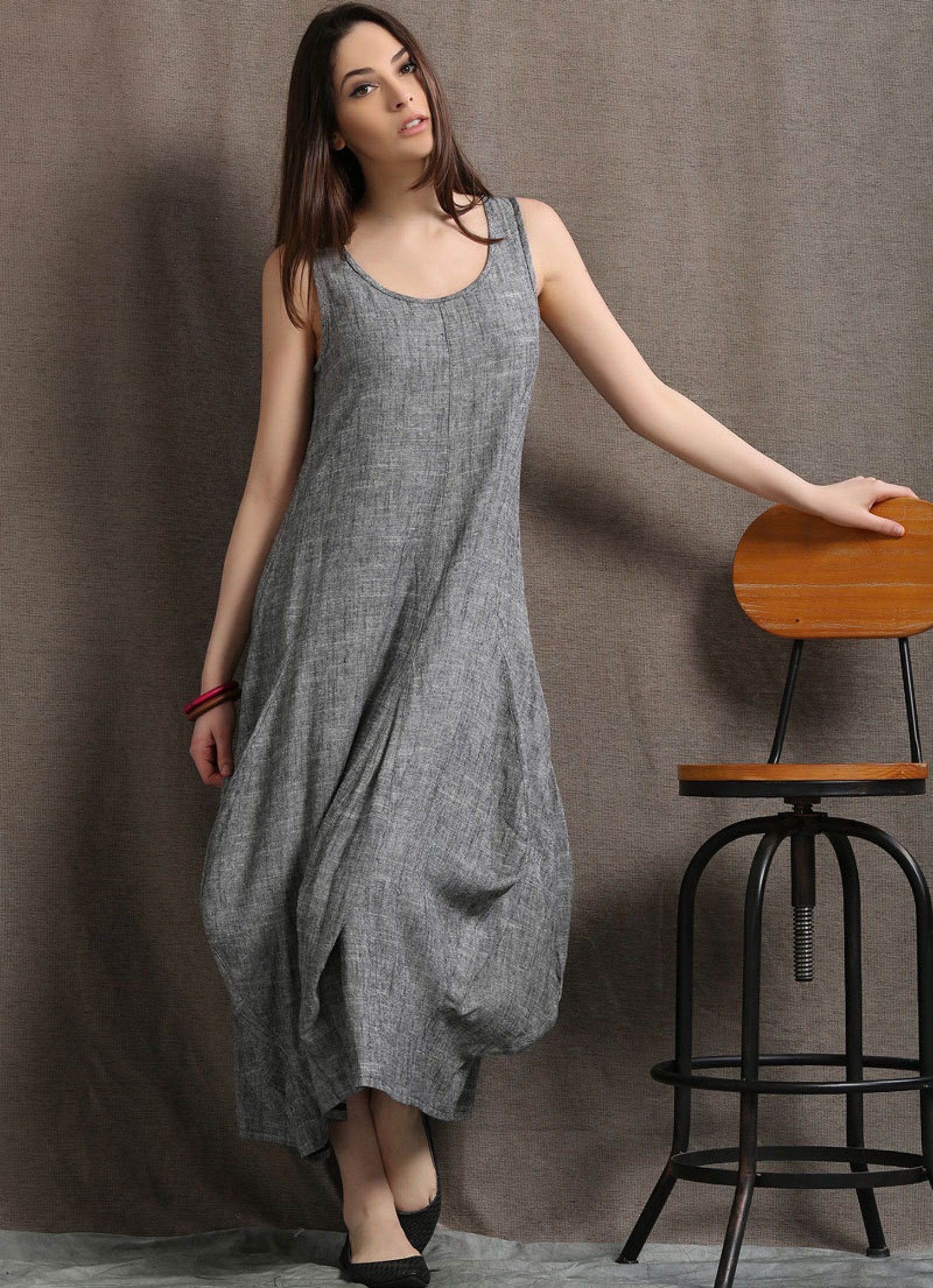 Grey Sleeveless Cotton Maxi Dress