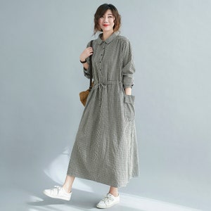 Cotton Linen Dress, Midi dress, Button up Plaid Dress for Women, Long Sleeve Dress, Drawstring Waist Shirt Dress with Pocket, Ylistyle C2112