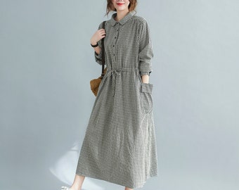 Linen Dress, Midi Linen dress, Button up Linen Dress for Women, Long Sleeve Linen Dress, Drawstring Waist Shirt Dress with Pocket C2112