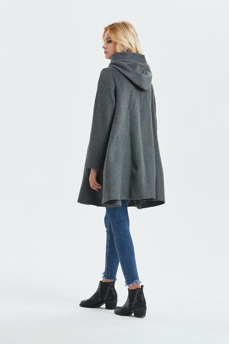 Hooded wool coat, Swing wool coat in Gray, Winter coat women, Warm winter coat, Plus size coat, Classic coat, Custom coat, Ylistyle C1317 image 8