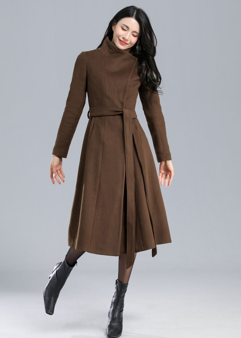 Wool coat women, Winter coat women, green coat, Asymmetrical wool coat, Belted coat, Long wool coat, Autumn Winter outerwear C713 3-Brown