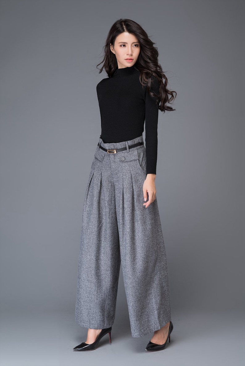 Wide Leg pants, wool pants, palazzo pants in Gray, Maxi wool pants, women's pants, Autumn winter pants, Pleated Pants, Wool clothing C1001 image 5