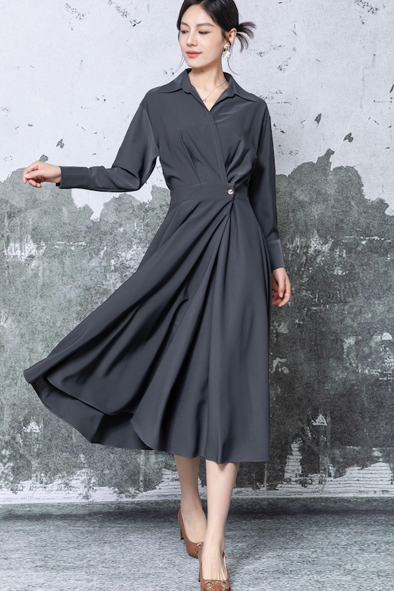 Gray Polyester Shirt Midi Dress with Pleated Flared Skirt for Office Gray / XS