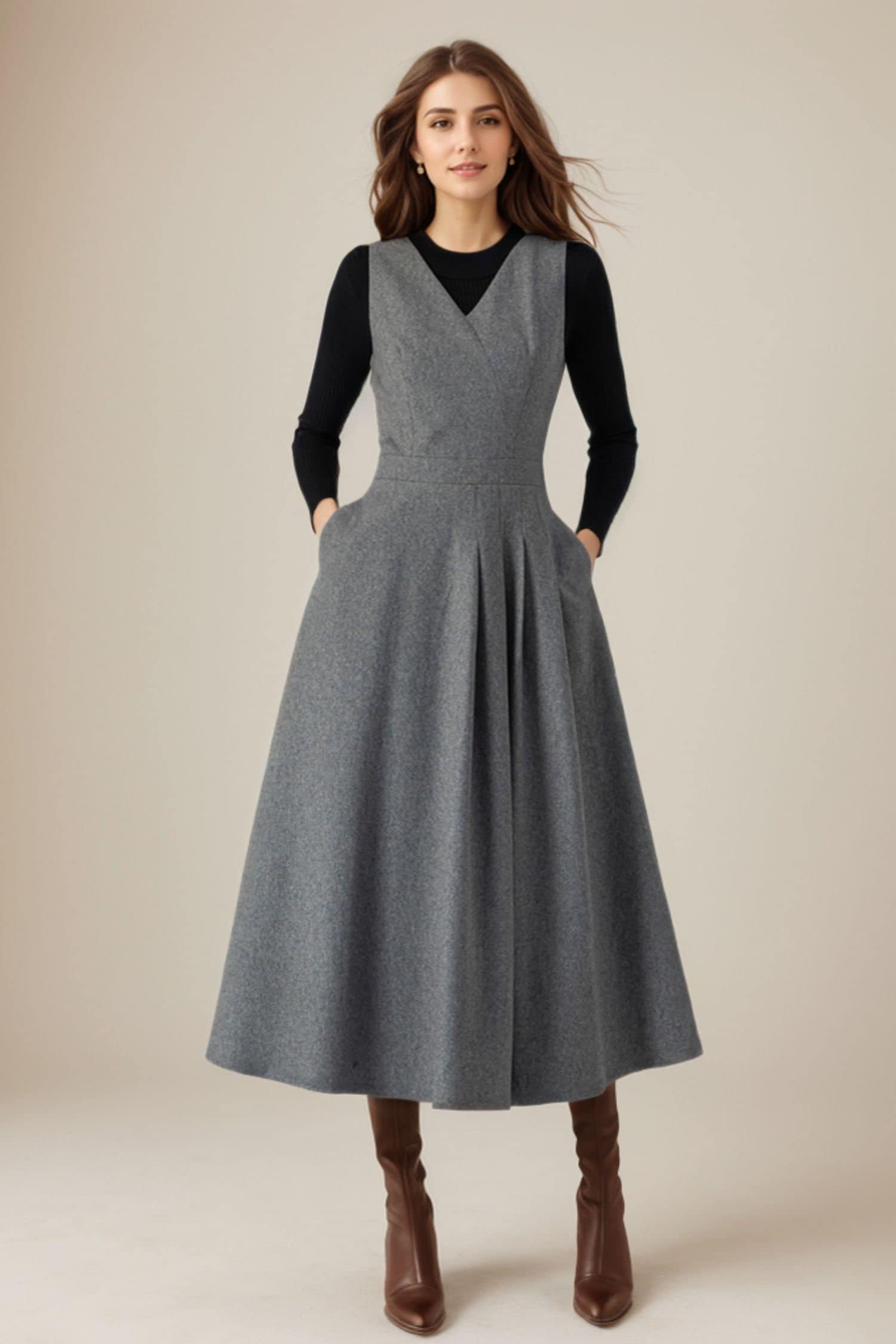 Wool Dress, Midi Wool Dress, Fit and Flare Dress, Winter Dress women, Sleeveless wool Dress with Pockets, Handmade Dress, Ylistyle C3617