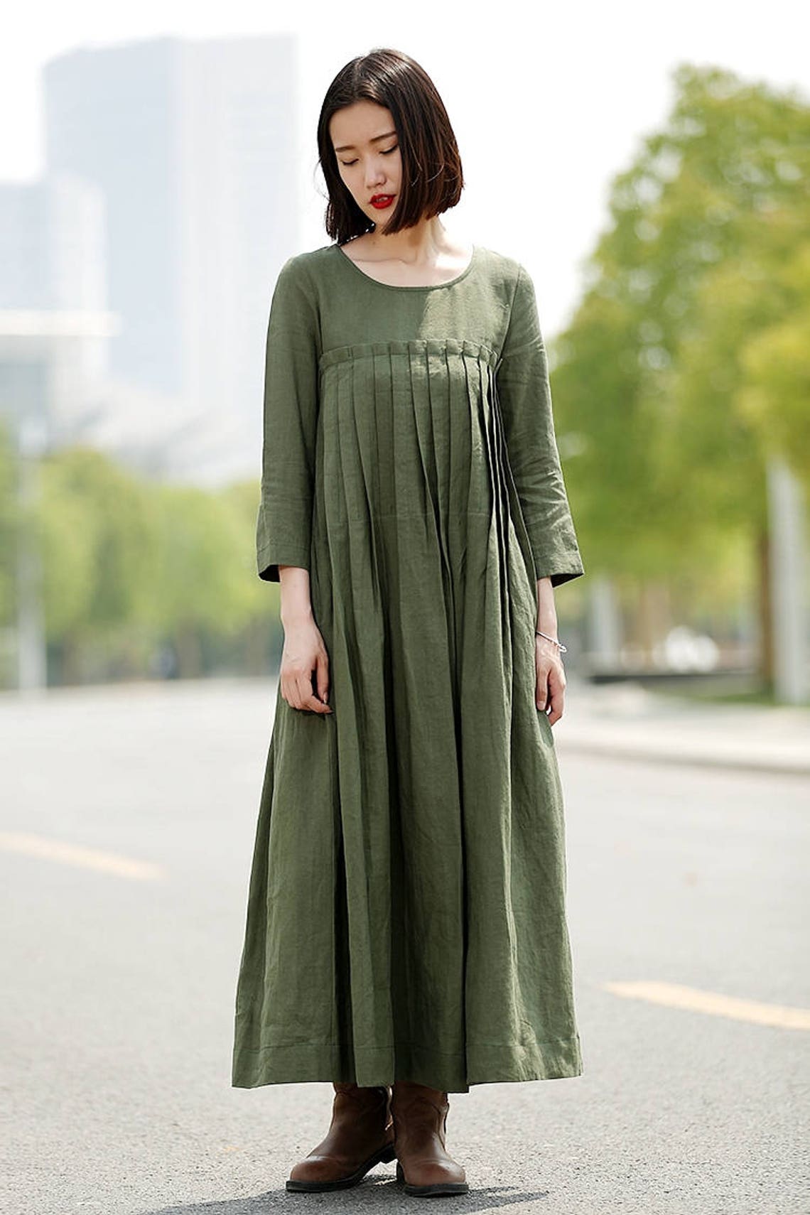 Green Linen Dress long linen dress Pleated dress loose | Etsy