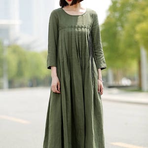Green Linen Dress Long Linen Dress Pleated Linen Dress - Etsy