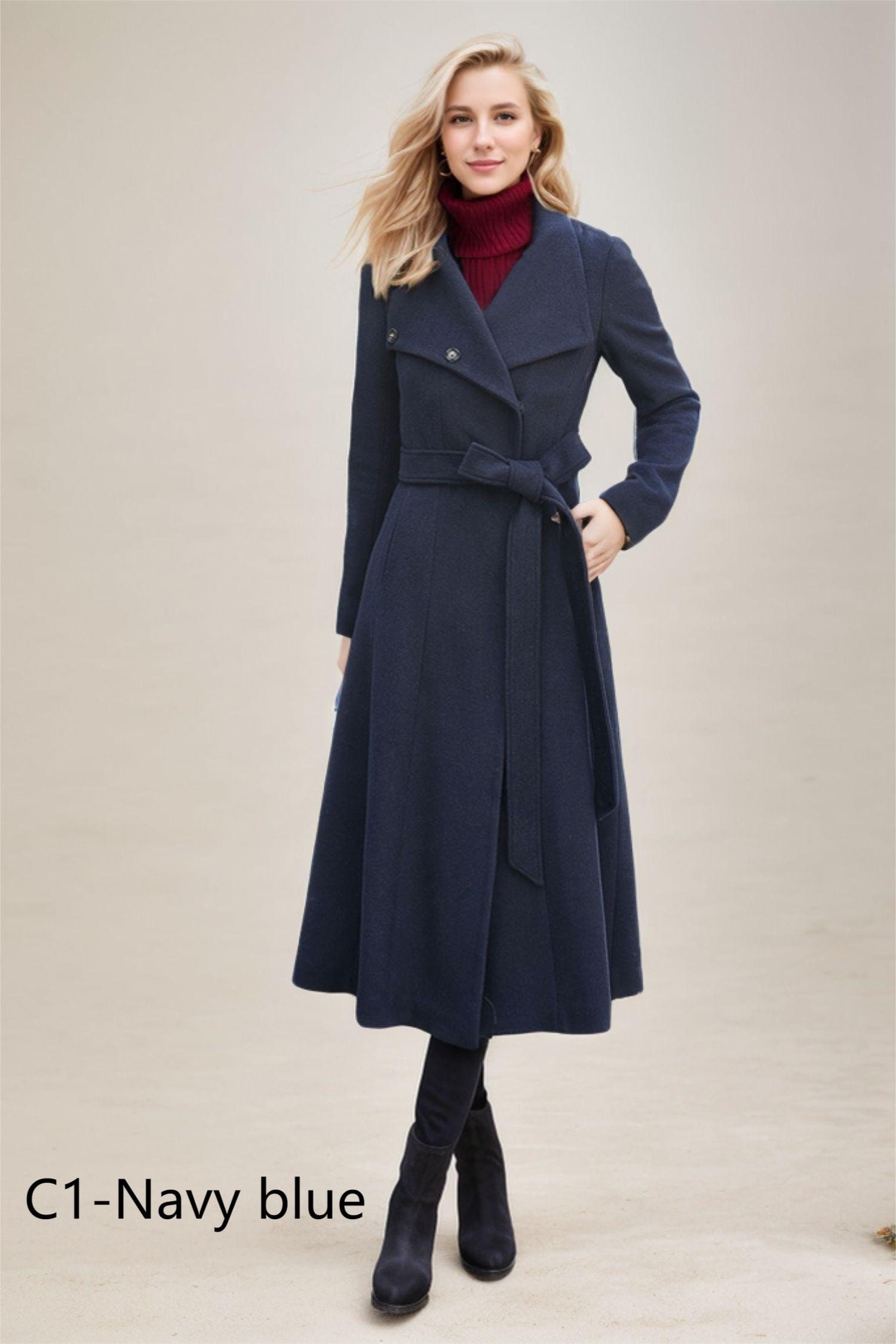 Long trench coat, navy coat, womens coats, swing coat 1605# Long trench coat, navy coat, womens coats, swing coat 1605#