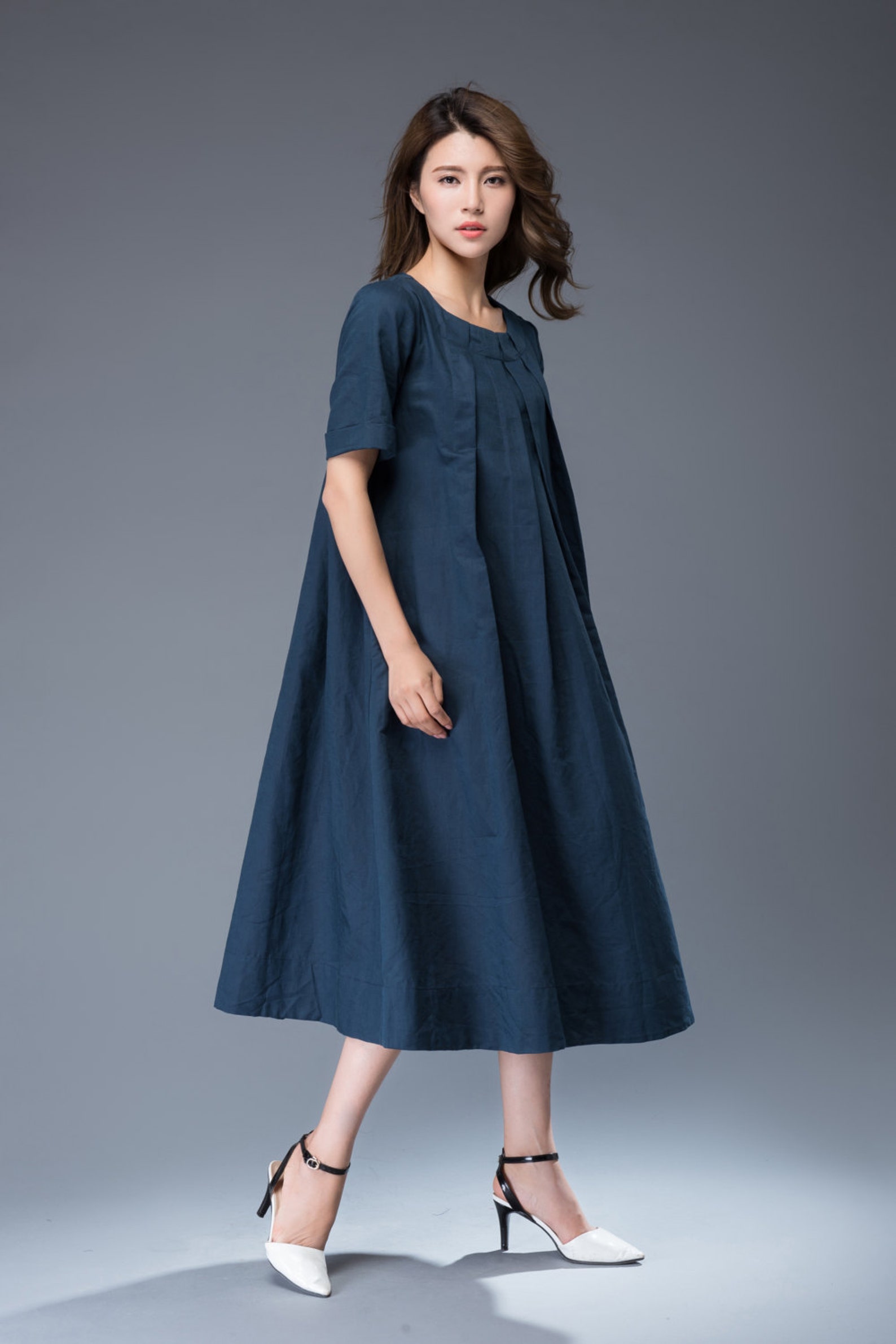 Linen dress Plus size dress Pleated dress linen Midi dress Etsy