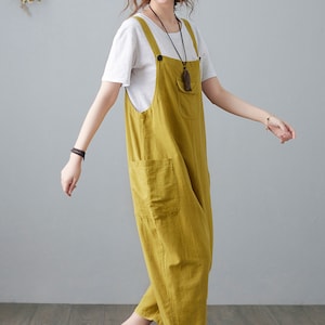 Linen jumpsuit women, Casual Linen Overalls, Loose fit Linen Harem Jumpsuits, Yellow Linen jumpsuit, women Linen Romper, Ylistyle C2100 image 3