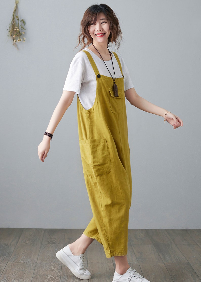 Linen jumpsuit women, Casual Linen Overalls, Loose fit Linen Harem Jumpsuits, Yellow Linen jumpsuit, women Linen Romper, Ylistyle C2100 image 3