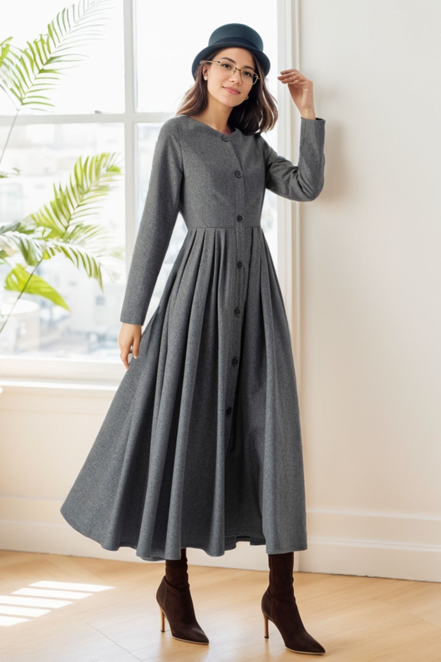 Midi Dress Women, Button Front Dress, Gray Dress, Wool Dress Women