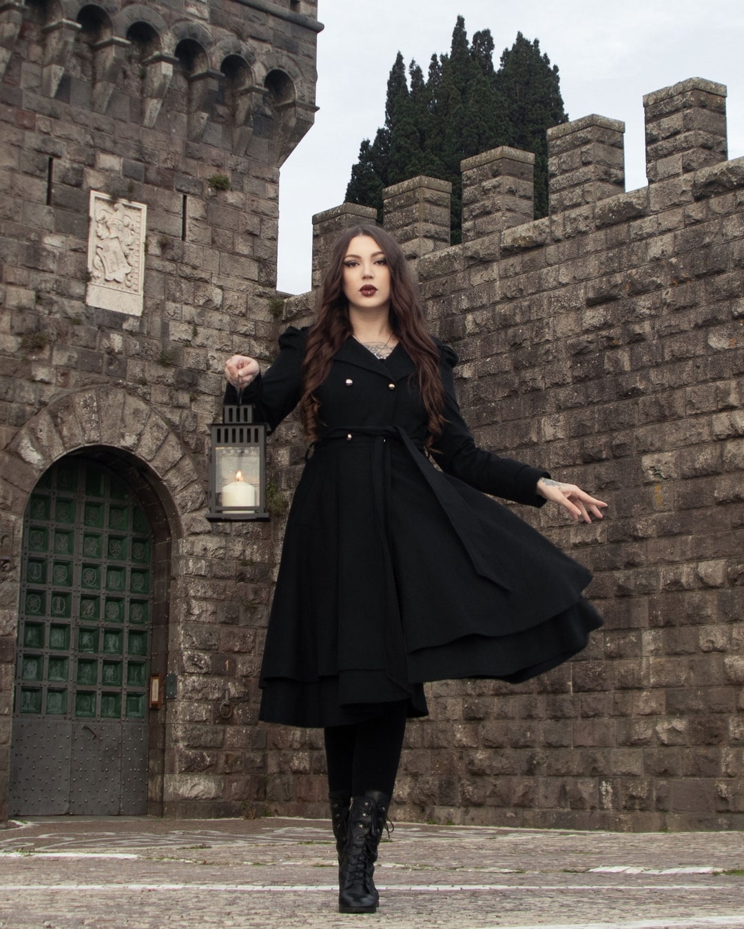 Casaco longo de lã preto, casaco de inverno princesa, casaco justo