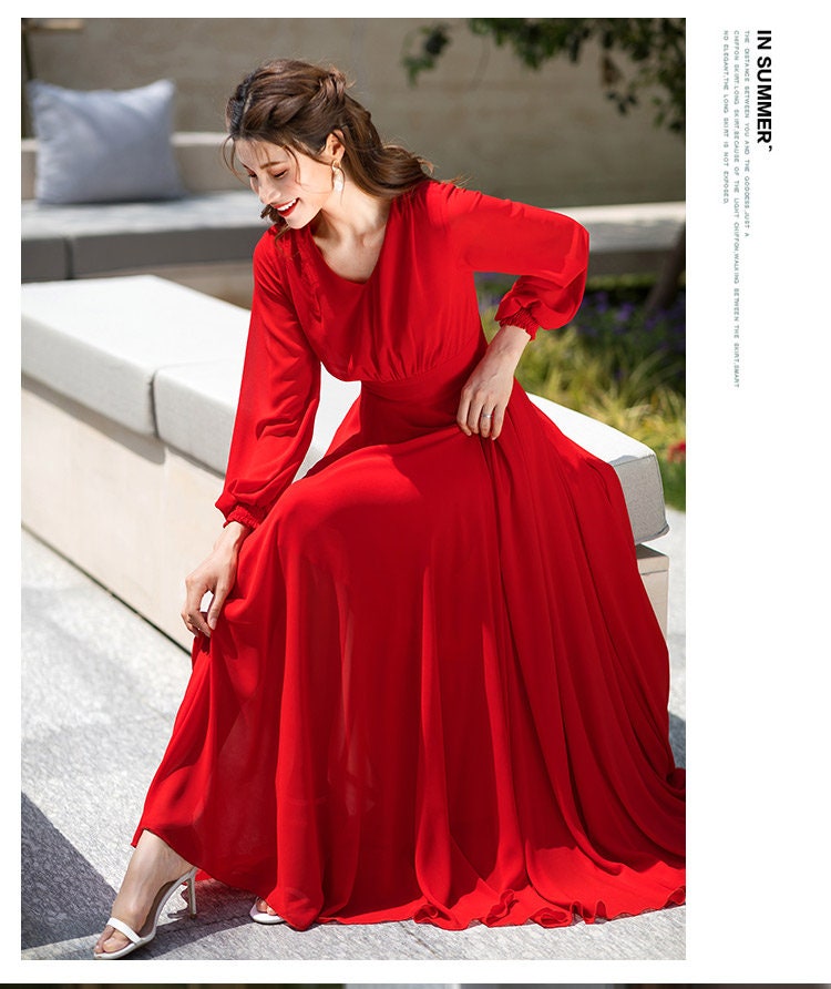 Women Formal Red Chiffon Dress / Swing Maxi Dress/ Summer Flowy Dress With  Long Sleeves / Fit and Flare Dress/ Party Dress/ Ylistyle C1736 