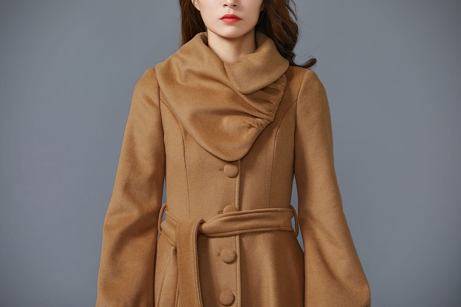 LEEZ Women Mid-length Belted Hooded Wool Coat - Camel