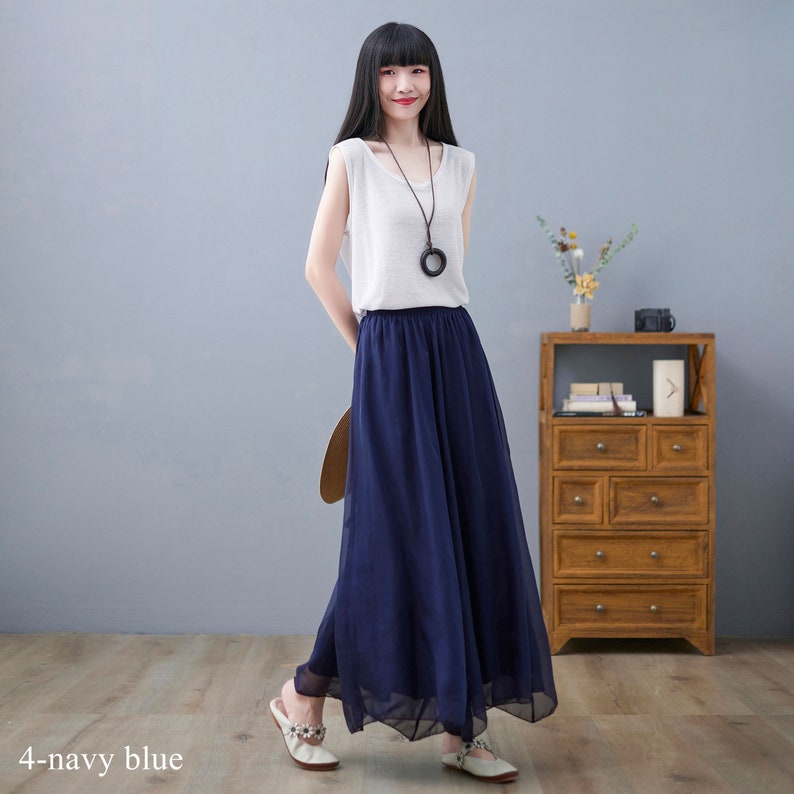 Summer White Chiffon Palazzo Pants for Women, Wide Leg Pants Skirts, swing pant, vacation pant, Loose Long Trouser, Plus Size Trousers C2196 4-navy blue