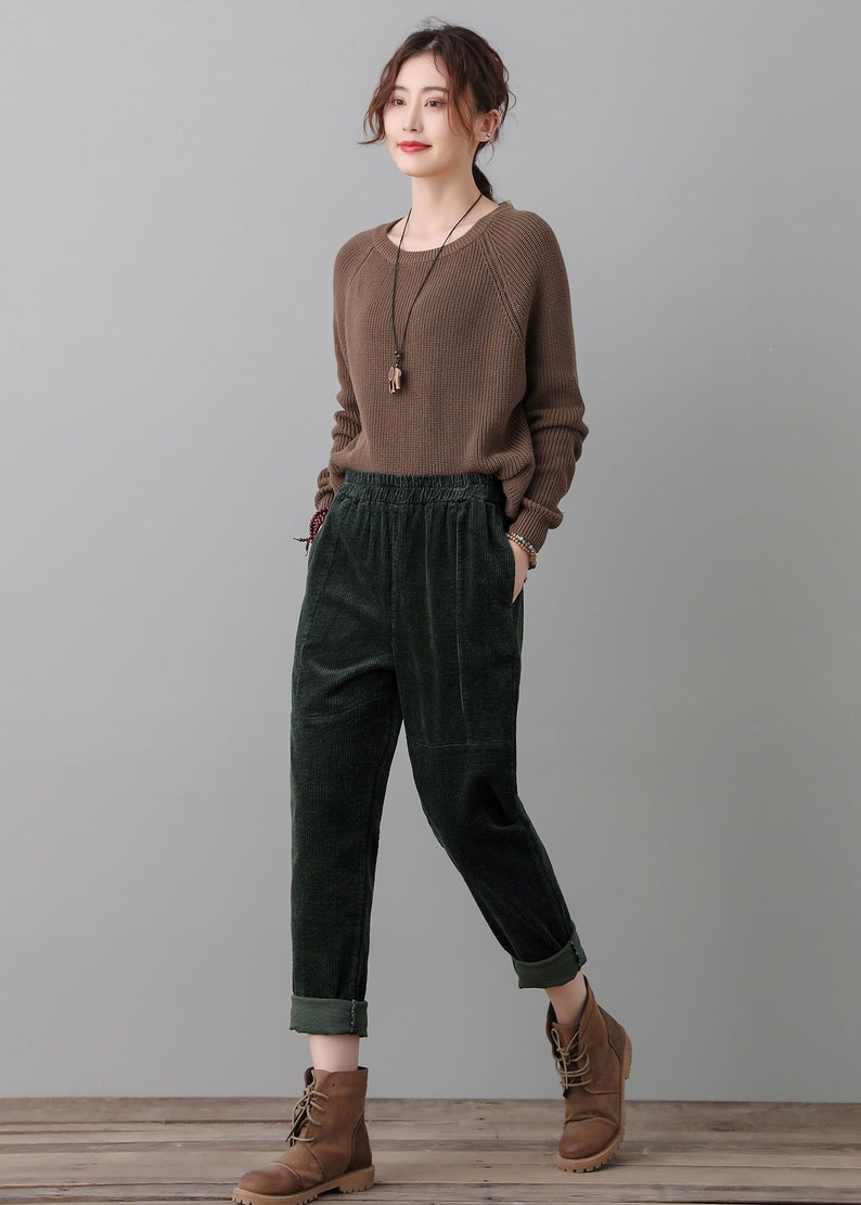 Green Corduroy Pants Women, High Waisted Pants, Loose Fit Corduroy Slacks, Elastic Waist Pants with Pocket, Plus Size Pants Ylistyle C2555 1-green