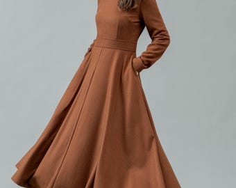 Wool dress, Womens long wool dress, Winter dress women, Fit and flare dress, Swing dress, Wool dress women, Custom dress, Ylistyle C4447