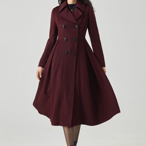 Wool coat, Green Long Wool Coat Women, Princess Coat, Swing Coat, Winter Trench Coat, Fit and Flare Coat, Double Breasted wool Coat C2469 3-wine red