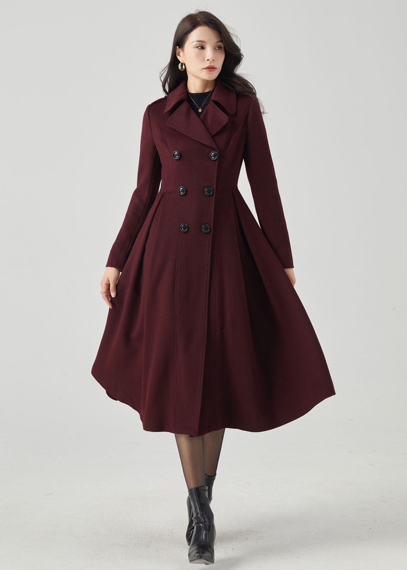 Wool coat, Green Long Wool Coat Women, Princess Coat, Swing Coat, Winter Trench Coat, Fit and Flare Coat, Double Breasted wool Coat C2469 3-wine red