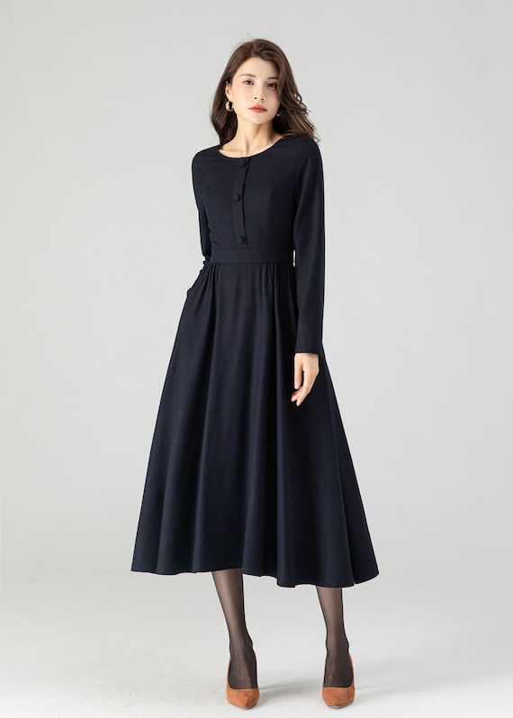 Navy Blue Wool Dress, Wool Midi Dress, Womens Wool Dresses, Fit