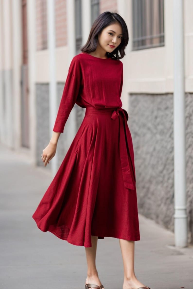 Linen Dress, Linen Midi dress, Belted Dress, Dress with Pockets, Womens Linen Dress, Spring Linen Dress, Casual Linen Dress, Ylistyle C3909 image 2